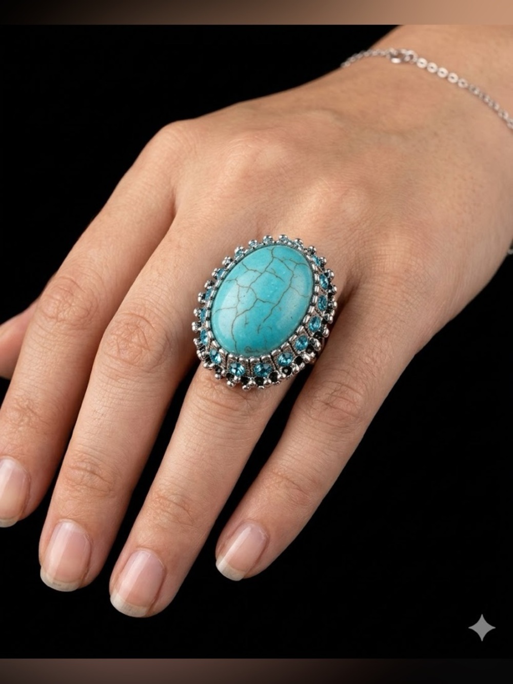 New Turquoise Oval Statement Ring – Blue Gemstone Fashion Ring - Size adj